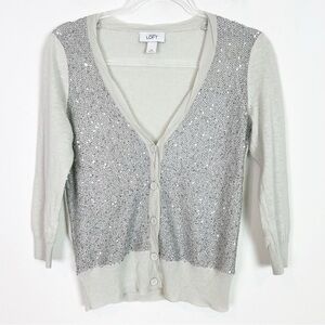 LOFT GRAY 3/4 SLEEVE SEQUIN KNIT BUTTON FRONT CARDIGAN SWEATER WOMENS SZ XS